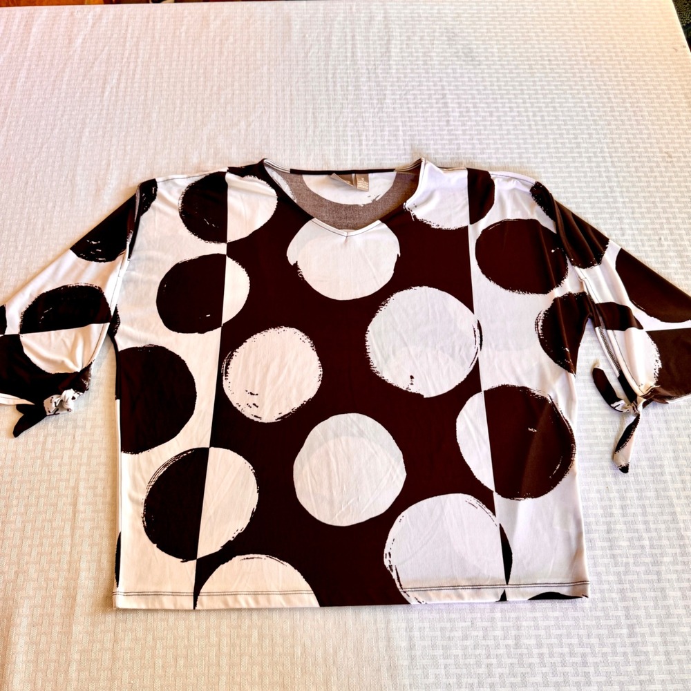 Chicos Brown White Polka Dot Top Cold Shoulder Split Sleeve Tie Size 3 XL 16